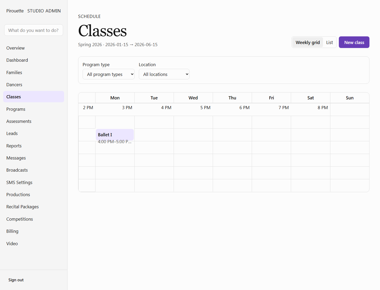 Classes and attendance screenshot using sample studio data