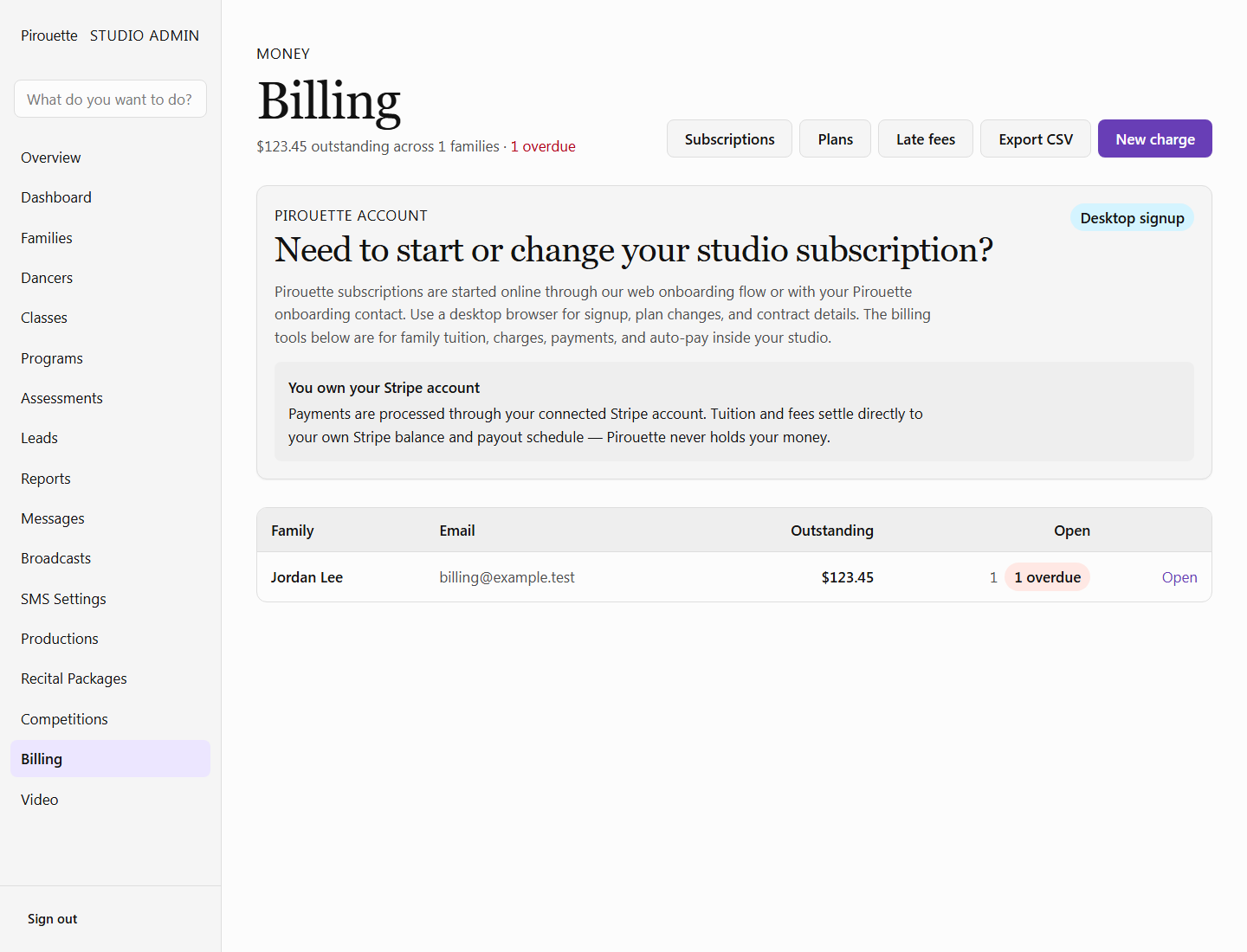 Family billing screenshot using sample studio data