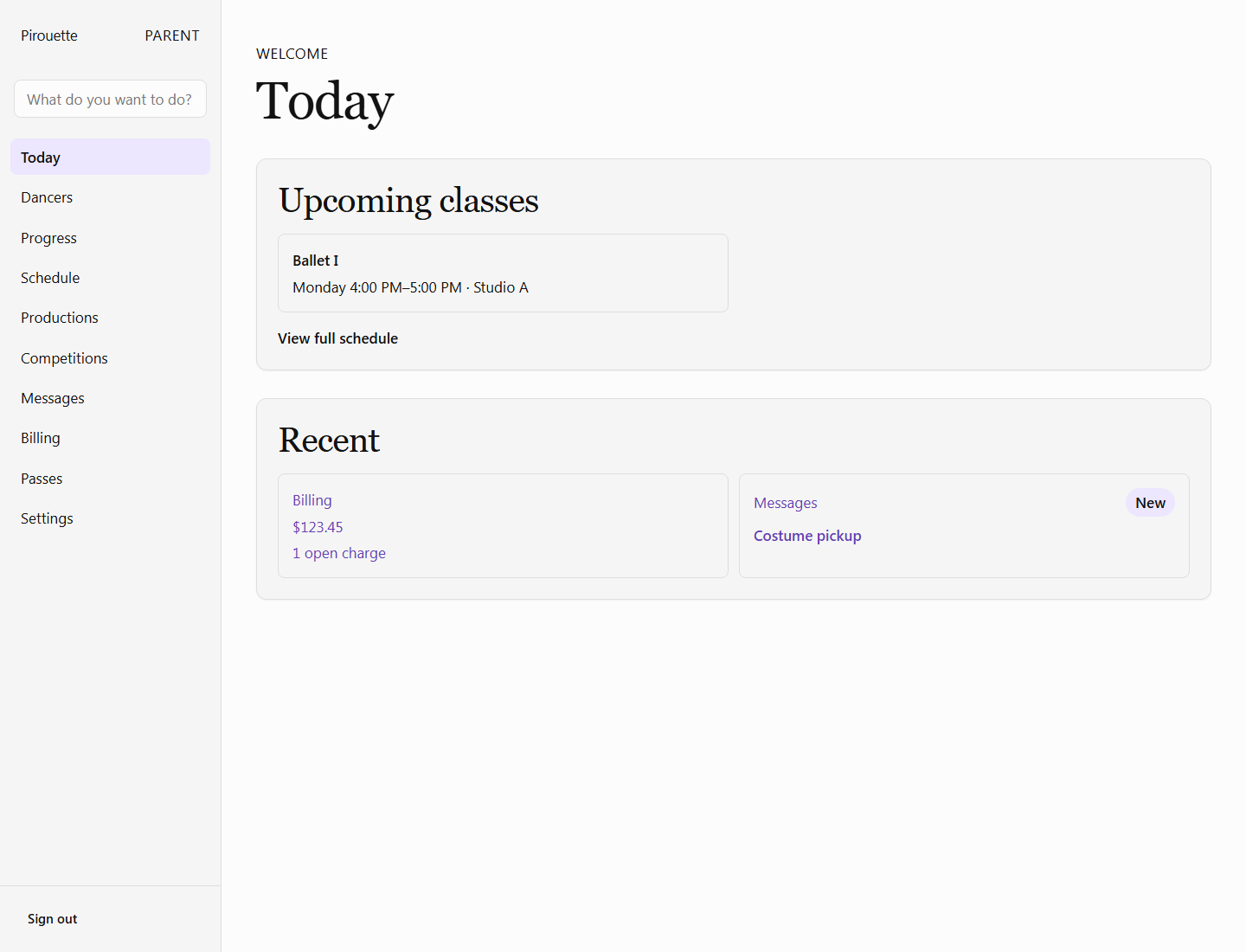 Parent portal screenshot using sample studio data