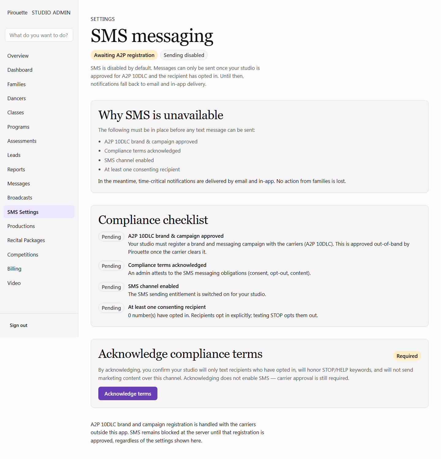 Text message alerts screenshot using sample studio data